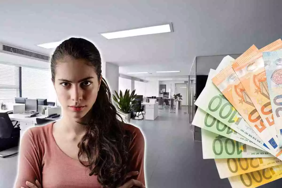 Fotomontaje con el fondo de una empresa y al frente una mujer enfadada y un abanico de billetes de euro