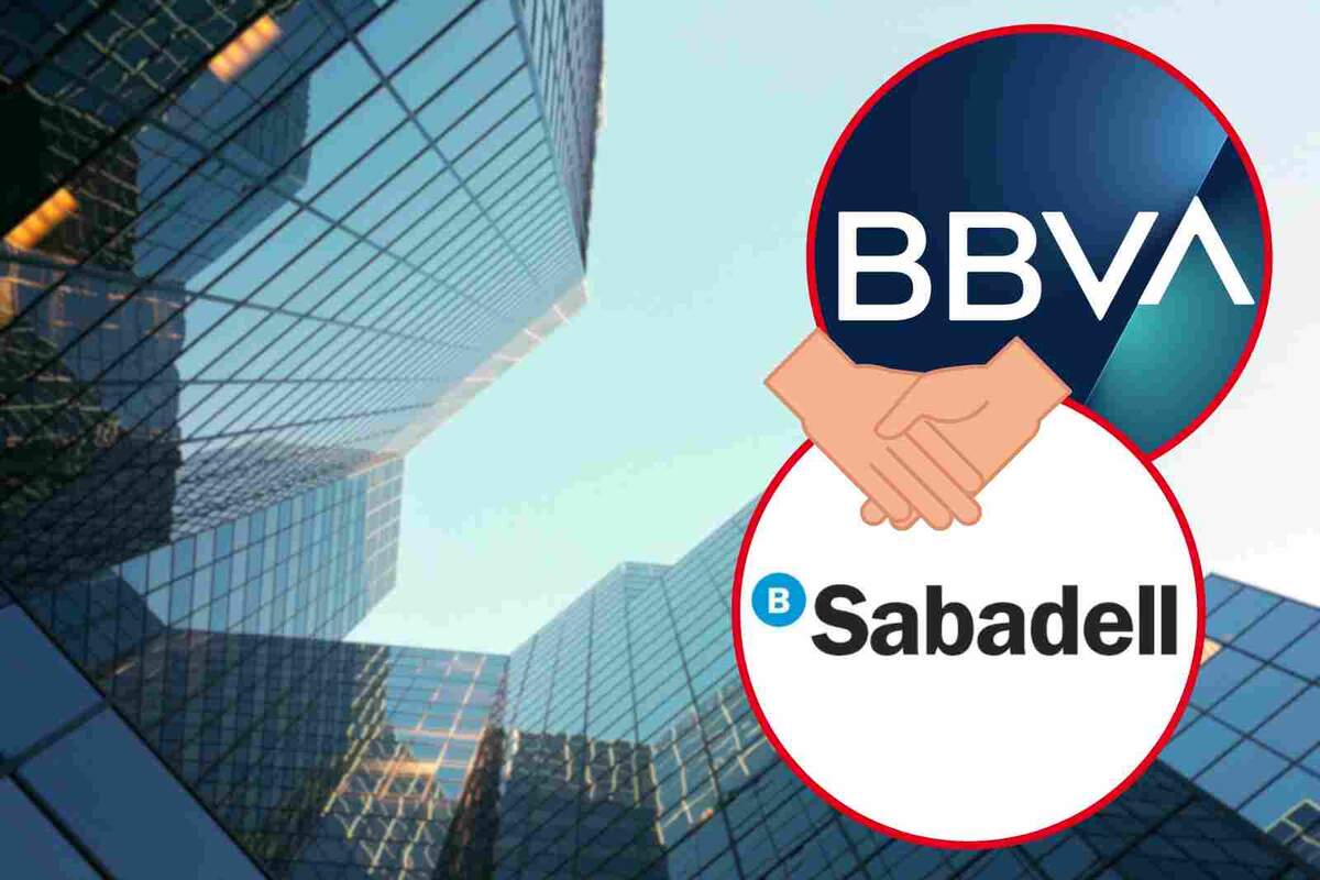 Fotomontaje con una imagen de fondo de una empresa y al frente dos redondas rojas con los logos del BBVA y Banco Sabadell y unas manos encajadas