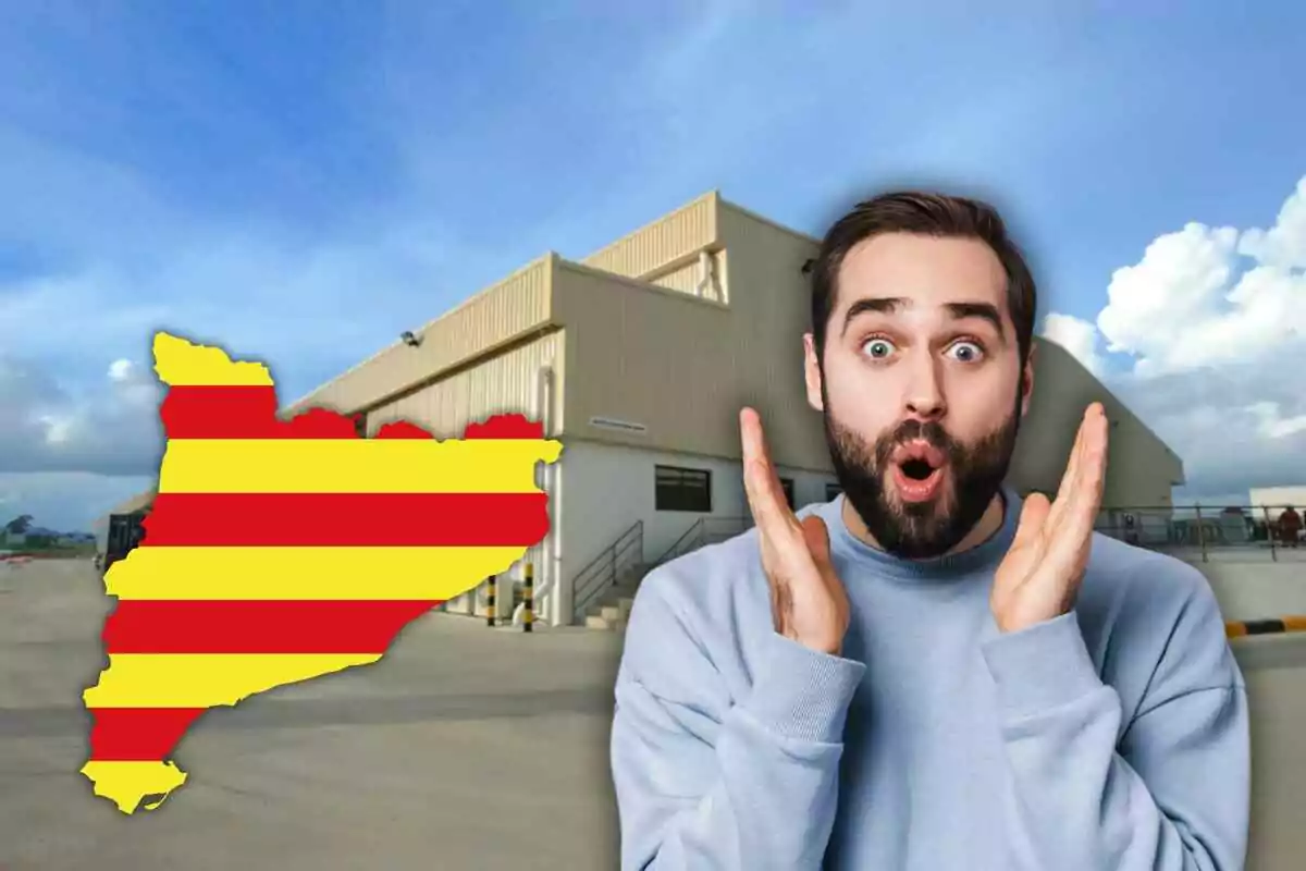 Hombre sorprendido frente a un edificio industrial con un mapa de Cataluña en colores de la bandera catalana.