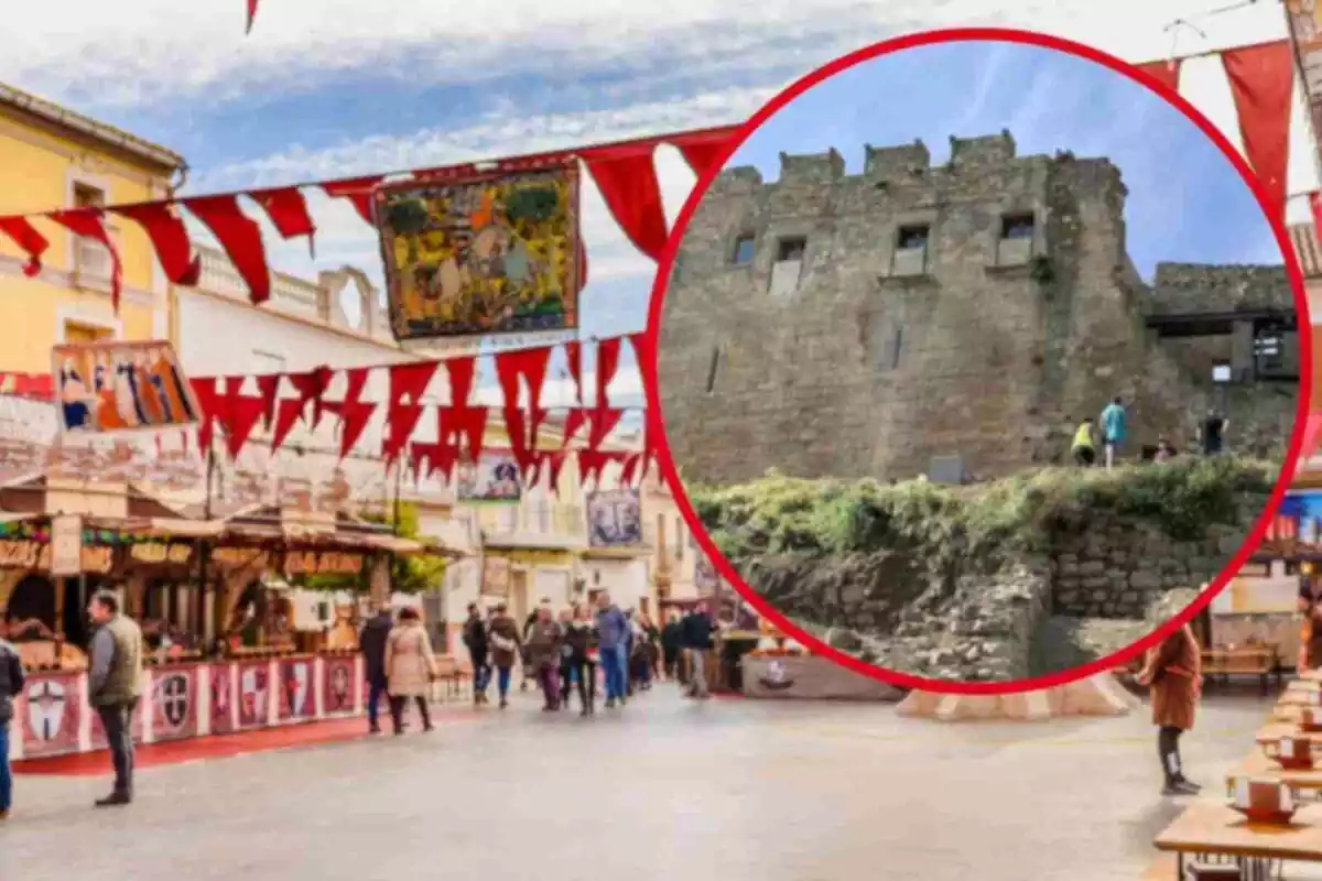 Fotomontaje con una imagen de fondo de una feria medieval y una redonda roja con el pueblo de Ciutadilla al frente