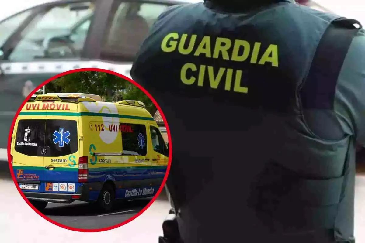 Fotomontaje con una imagen de fondo de un agente de la Guardia Civil de espaldas y una redonda roja con una UVI
