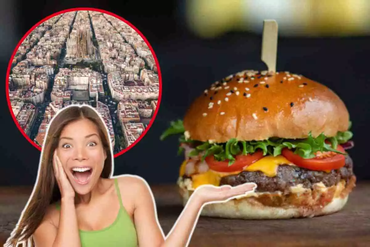 Fotomontaje con una imagen de fondo de una hamburguesa, una persona al frente emocionada y una redonda roja con la ciudad de Barcelona