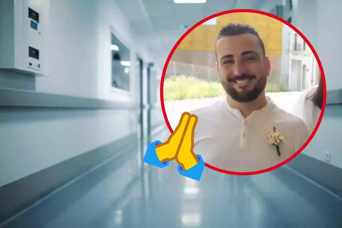 Fotomontaje con un fondo de un hospital, al frente Adrián Fernández en una redonda roja y un emoji de dos manos rezando