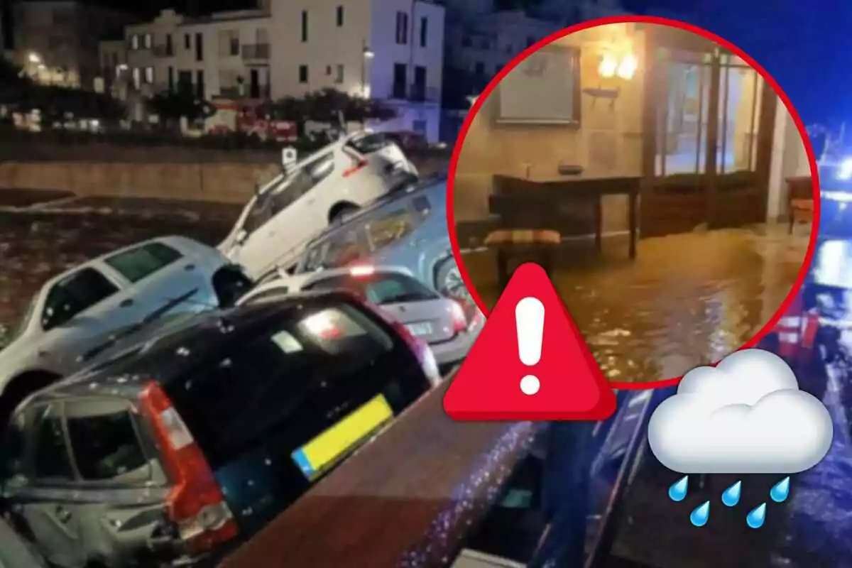 Coches apilados debido a una inundación en una calle urbana en Cadaqués con un recuadro que muestra el interior de un edificio también afectado por el agua, acompañado de iconos de advertencia y lluvia.