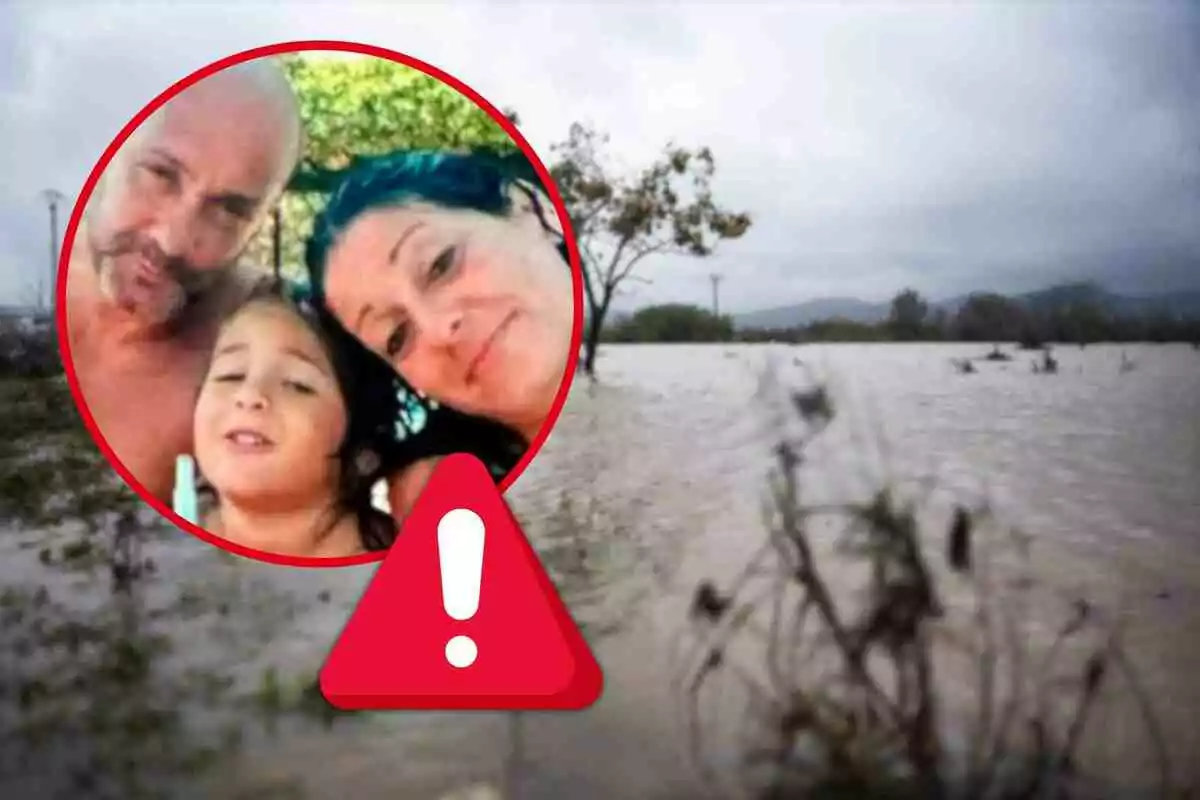 Una imagen muestra un paisaje inundado en Valencia con un círculo superpuesto que contiene una foto de una familia desaparecida y un ícono de advertencia en la parte inferior.