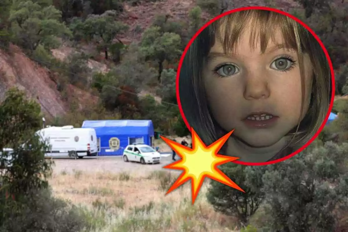 Una imagen de un área boscosa con una carpa azul y vehículos de emergencia en Portugal, sobrepuesta con una foto de Madeleine McCann en un círculo rojo con un efecto de explosión amarilla.