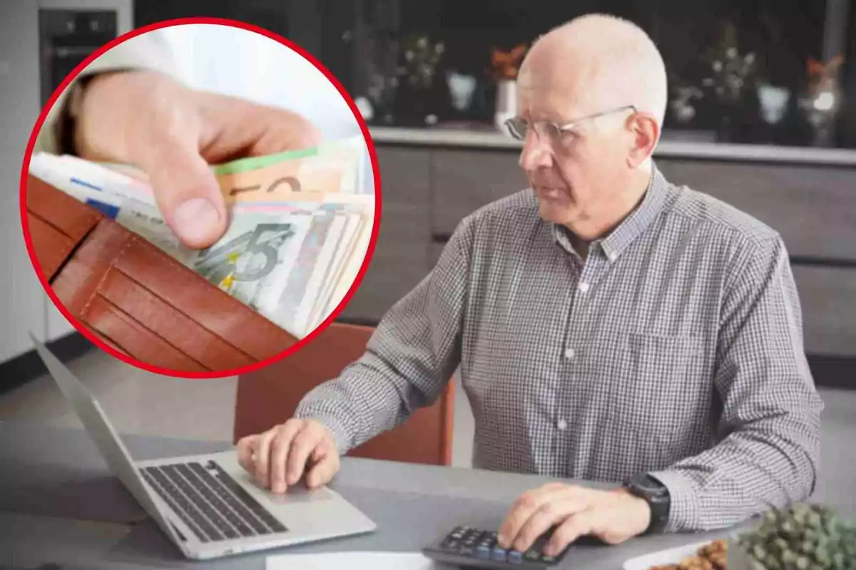 Hombre mayor usando una computadora portátil y una calculadora, con un círculo que muestra una mano sacando billetes de una billetera.