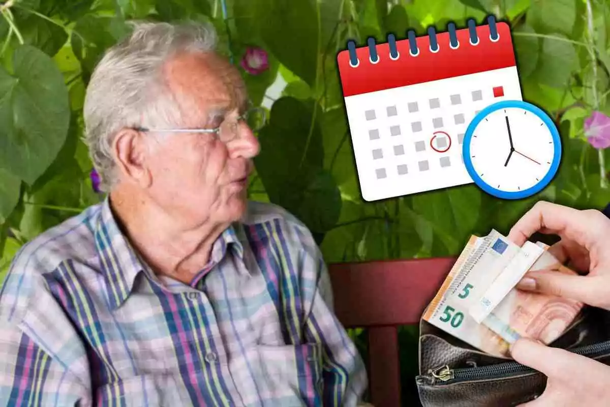 Hombre mayor sentado con un calendario, un reloj y una mano sacando billetes de una cartera.