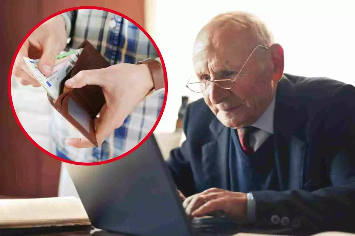 Un hombre mayor usando una computadora portátil con una imagen insertada de una mano sacando dinero de una billetera.