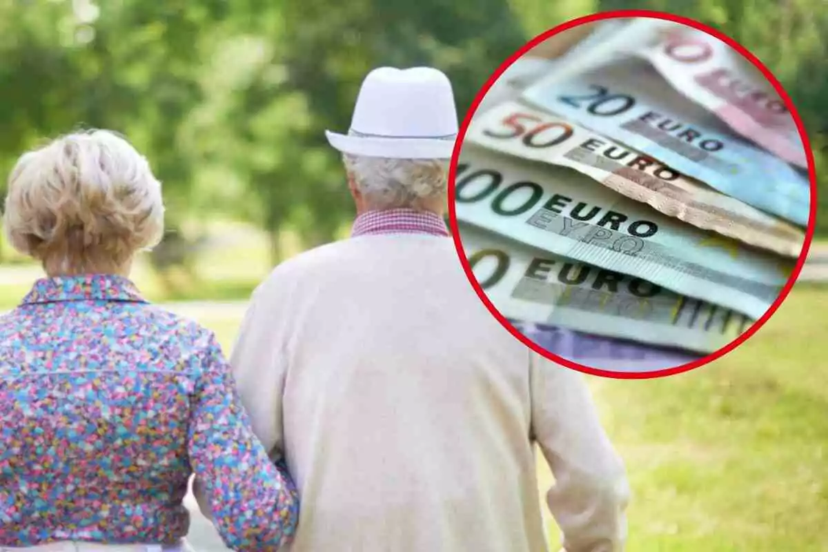 Dos personas mayores caminando de la mano con un círculo que muestra billetes de euro.