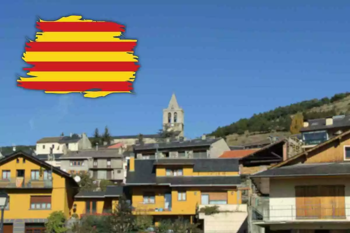 Fotomontaje con una imagen de fondo de Llívia, y al frente una bandera catalana