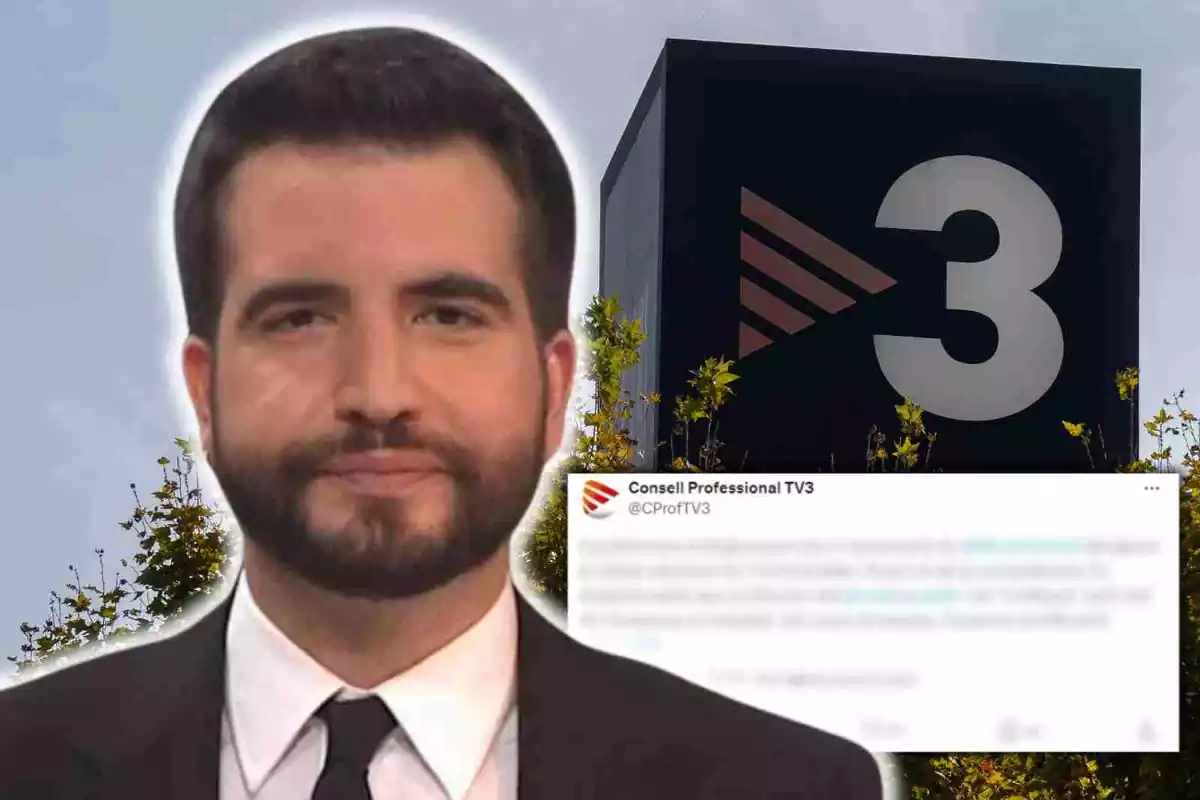 Fotomontaje con una imagen de fondo del logo de TV3 en los estudios de Sant Joan Despí, y al frente Ricard Ustrell y el tweet del Consell Professional de TV3