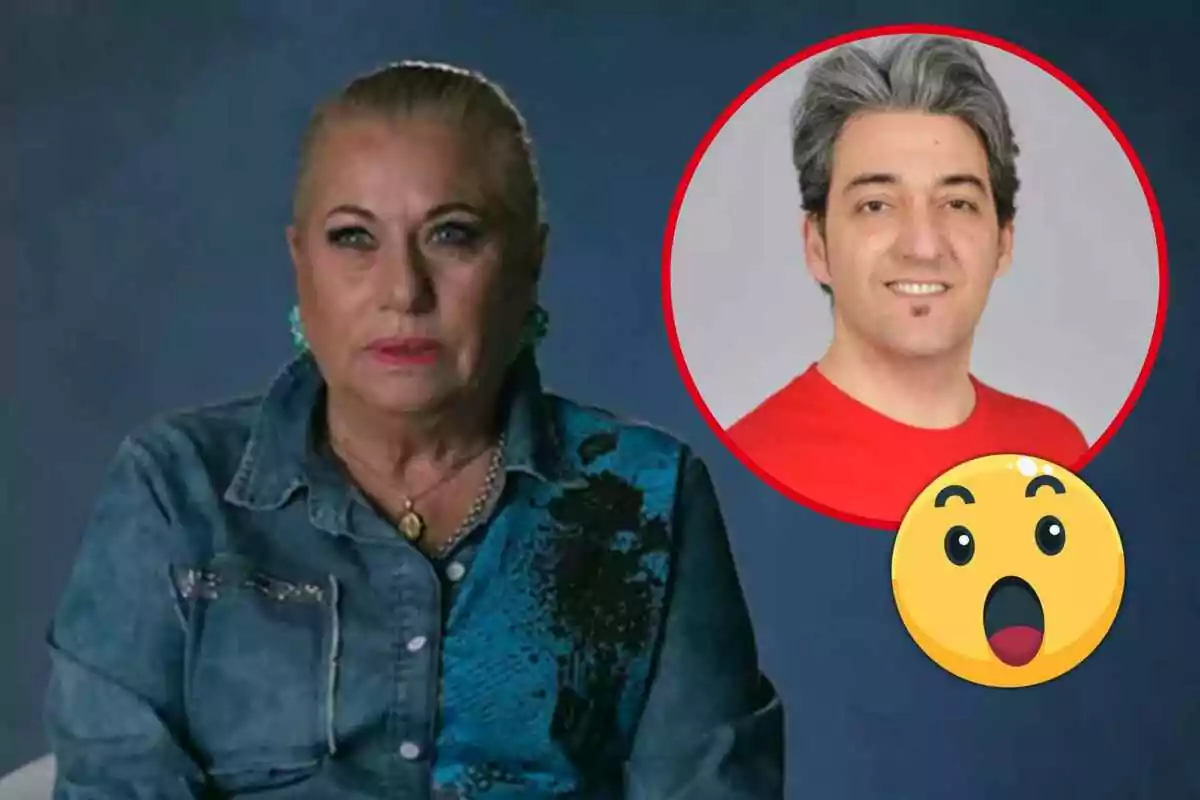 Mayte Zaldívar con una camisa de mezclilla y Fernando Marcos con una camiseta roja en un círculo rojo con un emoji de cara sorprendida.