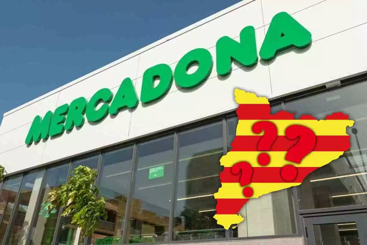 Fotomontaje con un fondo de un supermercado Mercadona y al frente un mapa de Cataluña con la bandera catalana e interrogantes