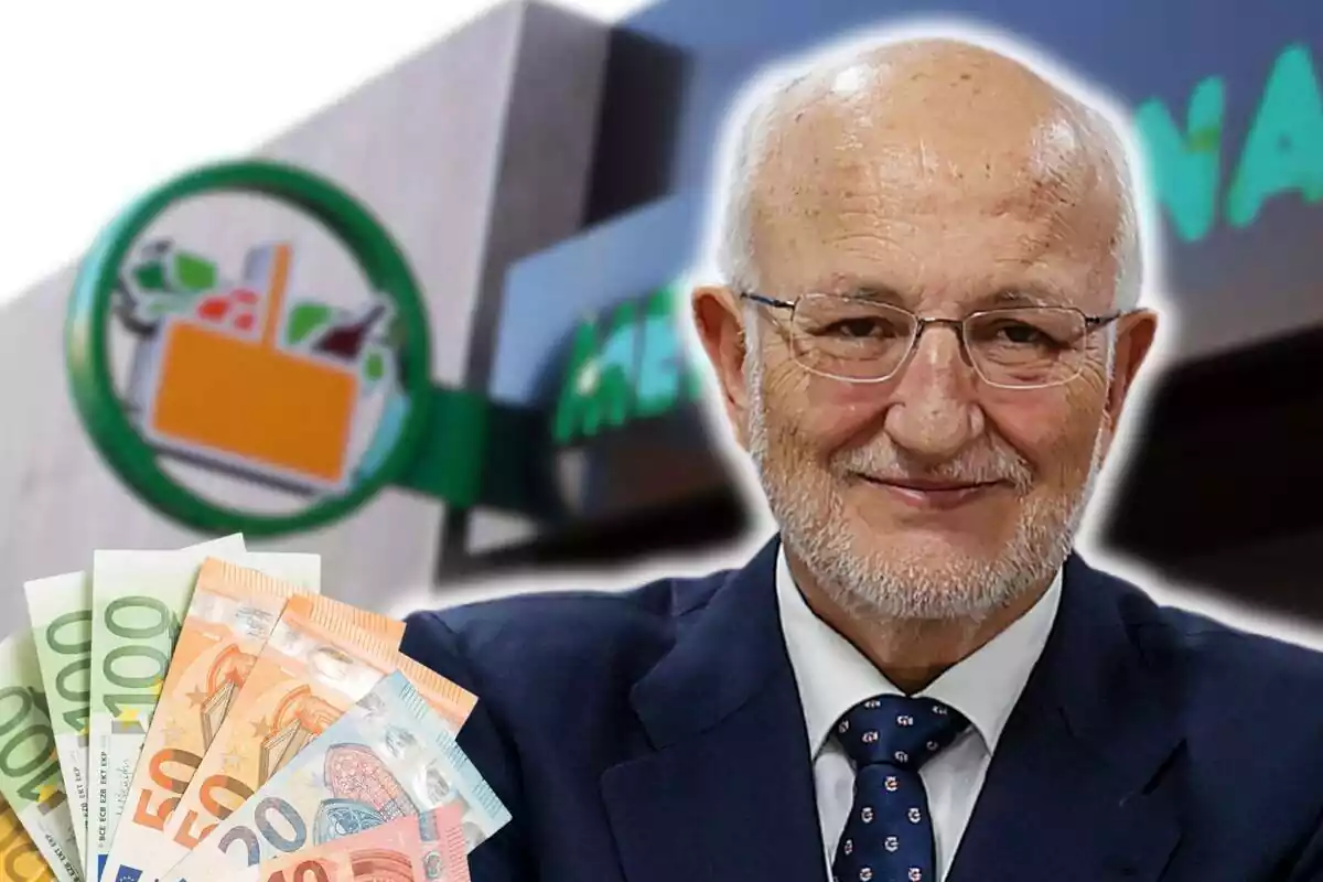 Fotomontaje con una imagen de fondo de Mercadona y al frente Juan Roig y un abanico de billetes de euro