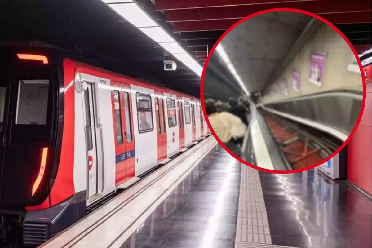 Fotomontaje con una imagen de fondo del metro de Barcelona y una redonda roja al frente con la queja viral sobre las escaleras