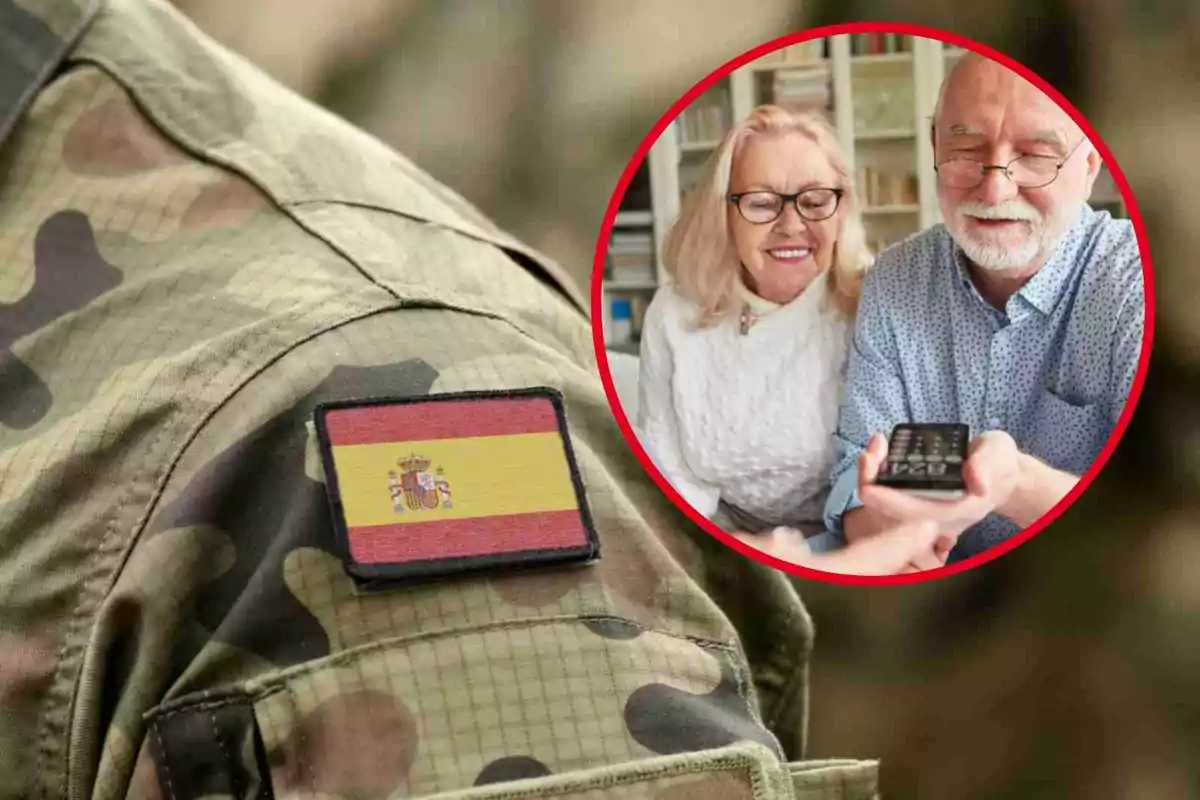 Un soldado con uniforme de camuflaje y una bandera de España en el brazo, junto a una imagen circular de una pareja de ancianos sonriendo mientras miran un teléfono móvil.