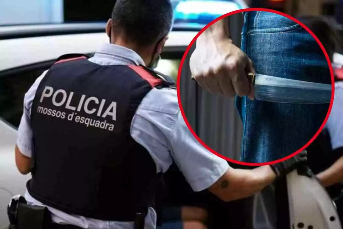 Fotomontaje con una imagen de fondo de un agente de espaldas de Mossos d'Esquadra y al frente un hombre con un cuchillo