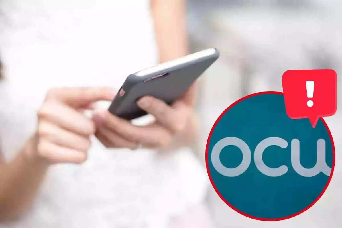 Fotomontaje con una imagen de fondo de una persona usando el móvil y al frente una redonda roja con el logo de la OCU