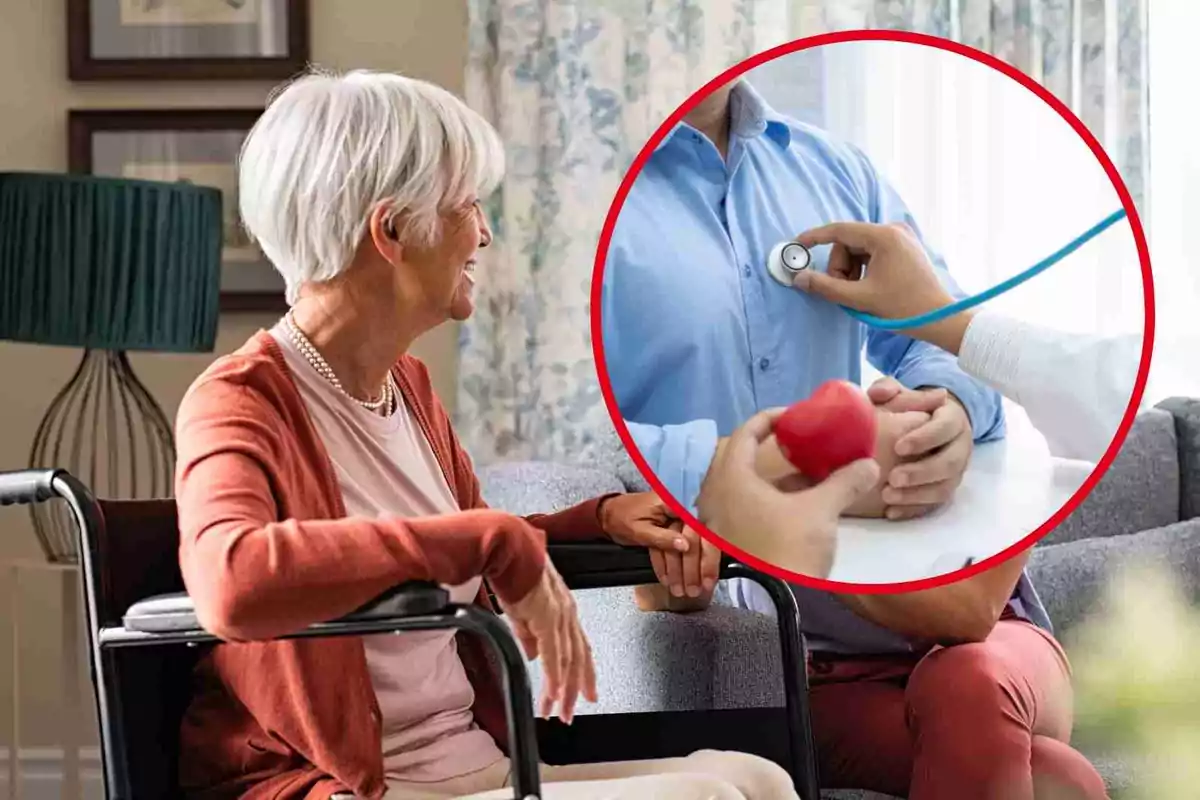 Una mujer mayor en silla de ruedas sonriendo y conversando, con un círculo que muestra a un médico usando un estetoscopio en el pecho de un paciente.