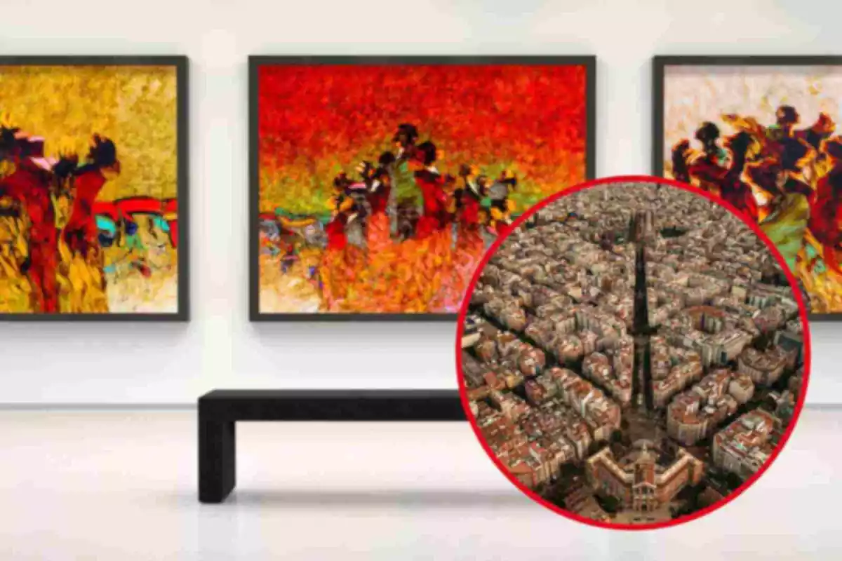 Fotomontaje con una imagen de fondo de un museo y al frente una redonda roja con la ciudad de Barcelona