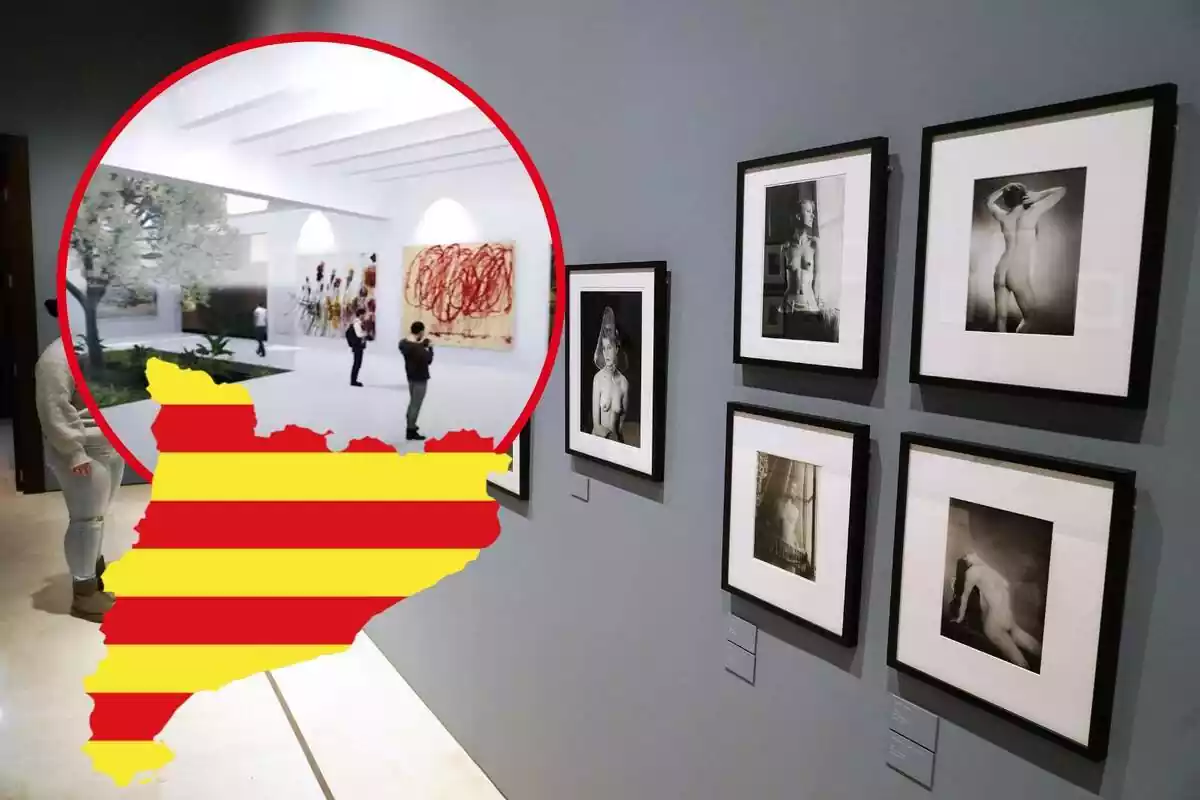 Fotomontaje con un fondo del Museo Thyssen y al frente una redonda roja con el render de Sant Feliu de Guíxols y un mapa con una bandera catalana