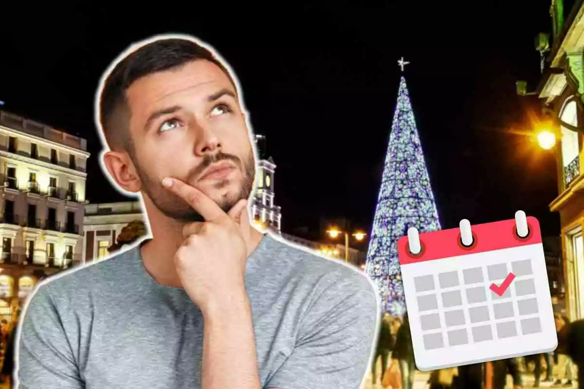 Hombre pensativo con fondo de ciudad iluminada y árbol de Navidad gigante junto a un calendario con marca de verificación.