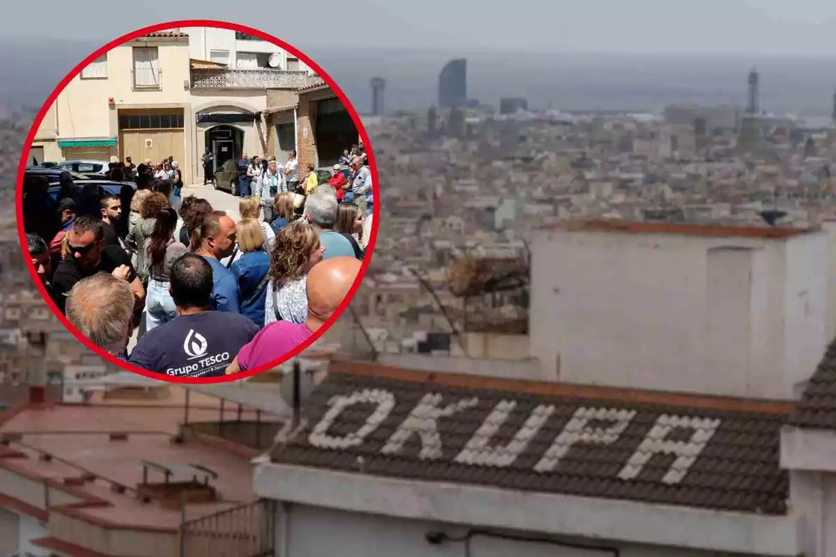 Fotomontaje con una imagen de fondo de okupa en Barcelona y al frente una redonda roja con la manifestación de Les Borges Blanques