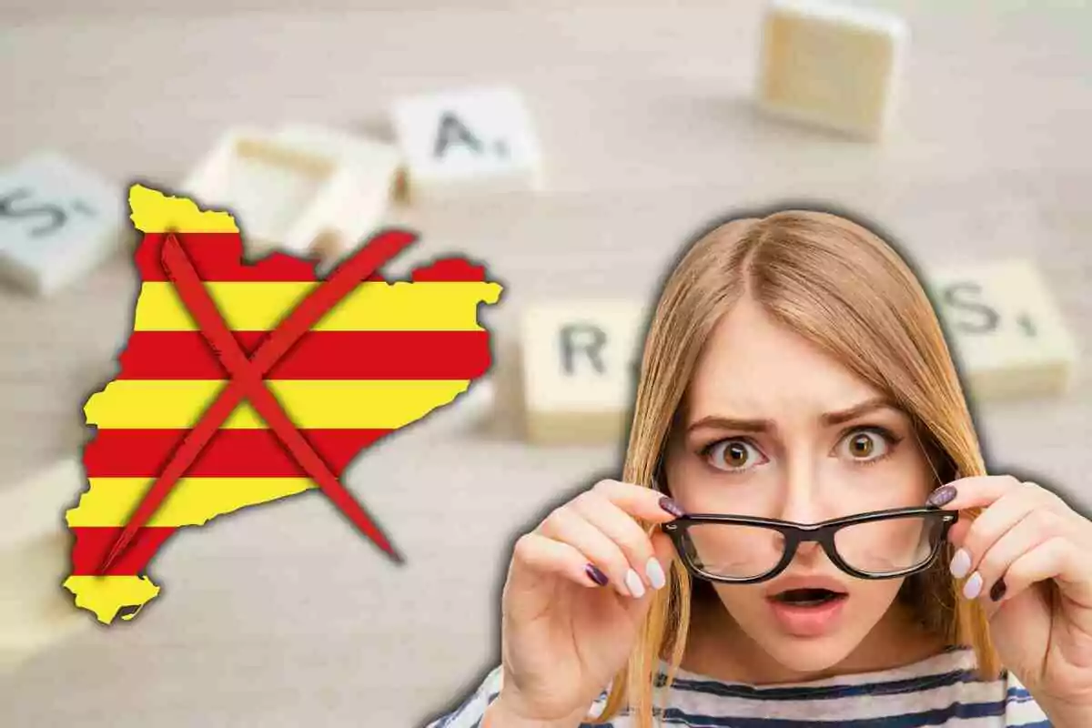 Fotomontaje con una imagen de fondo de palabras, y al frente un mapa con la bandera catalana tachado y una mujer sorprendida