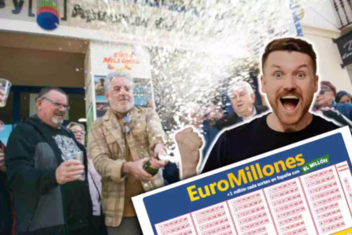 Fotomontaje con una imagen de fondo de varias personas celebrando un premio de la lotería y al frente un hombre celebrando y un boleto del Euromillones