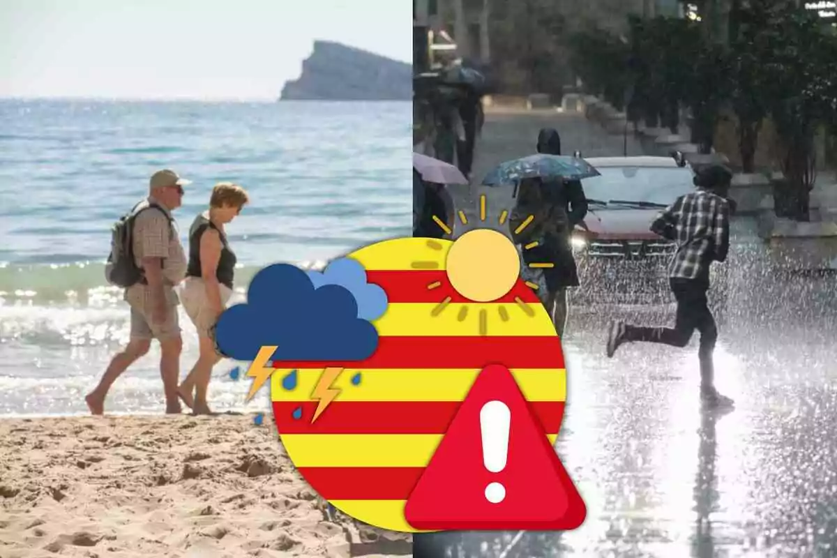 Personas caminando en la playa a la izquierda y personas bajo la lluvia a la derecha con un icono de alerta meteorológica en el centro.