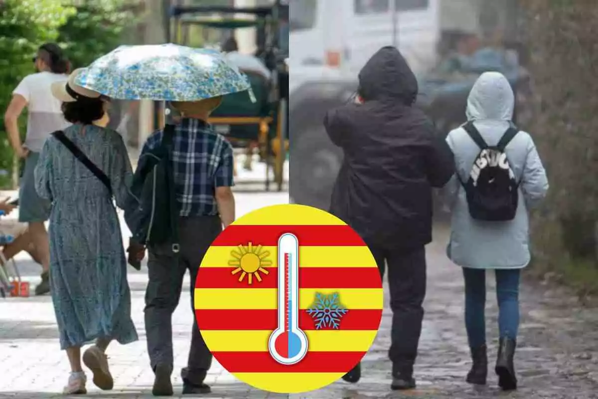 Comparación de dos parejas caminando, una en clima cálido y otra en clima frío, con un icono de termómetro en el centro.