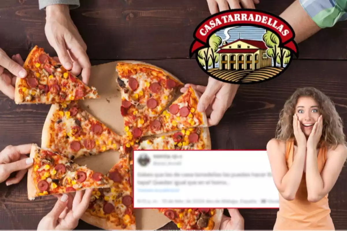 Fotmontaje de una imagen con pizza de fondo, la captura de una publicación de X difuminada, el logo de Casa Tarradellas y una mujer sorprendida