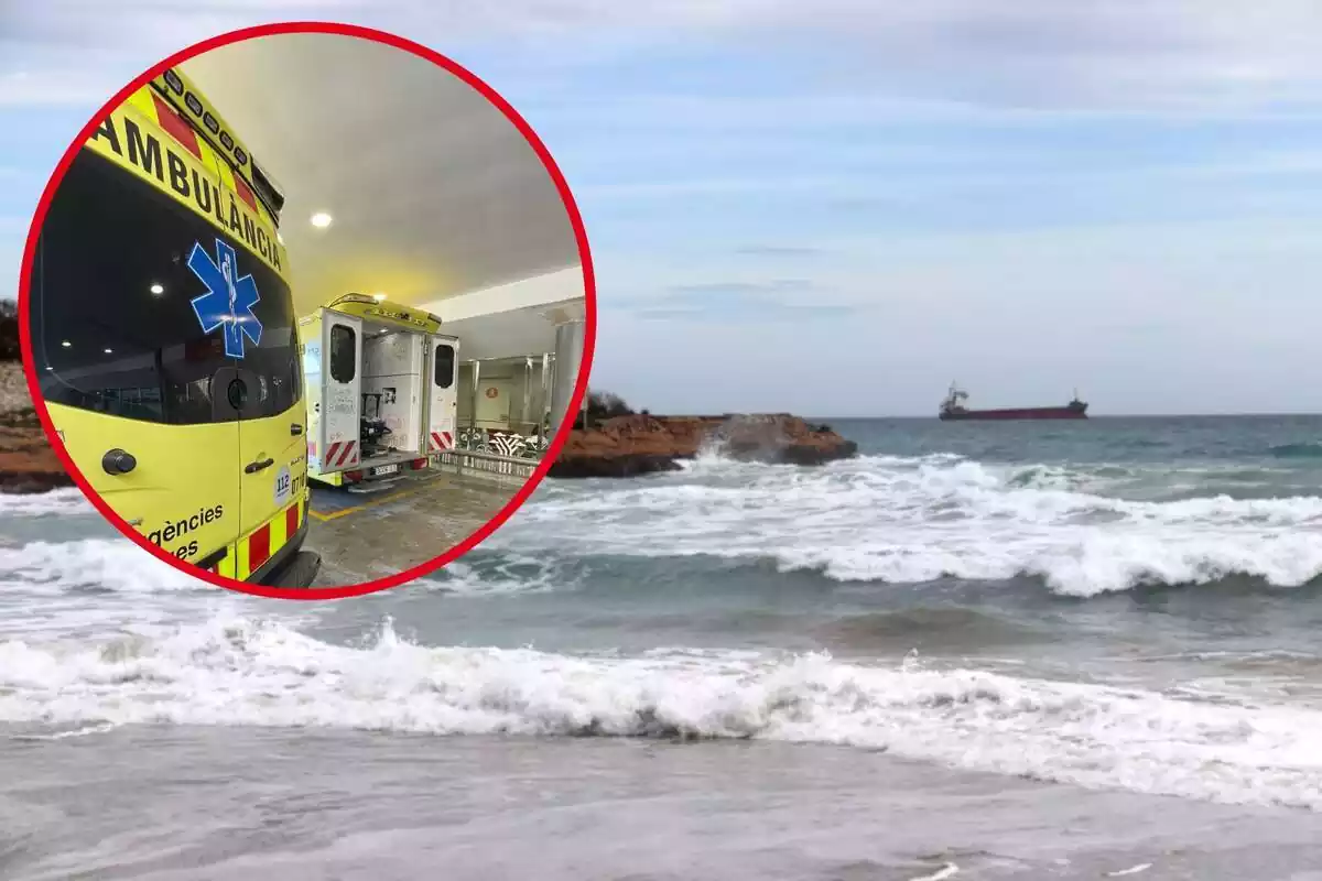 Fotomontaje con una imagen de fondo de una playa en Cataluña y al frente una redonda roja con una ambulancia del SEM