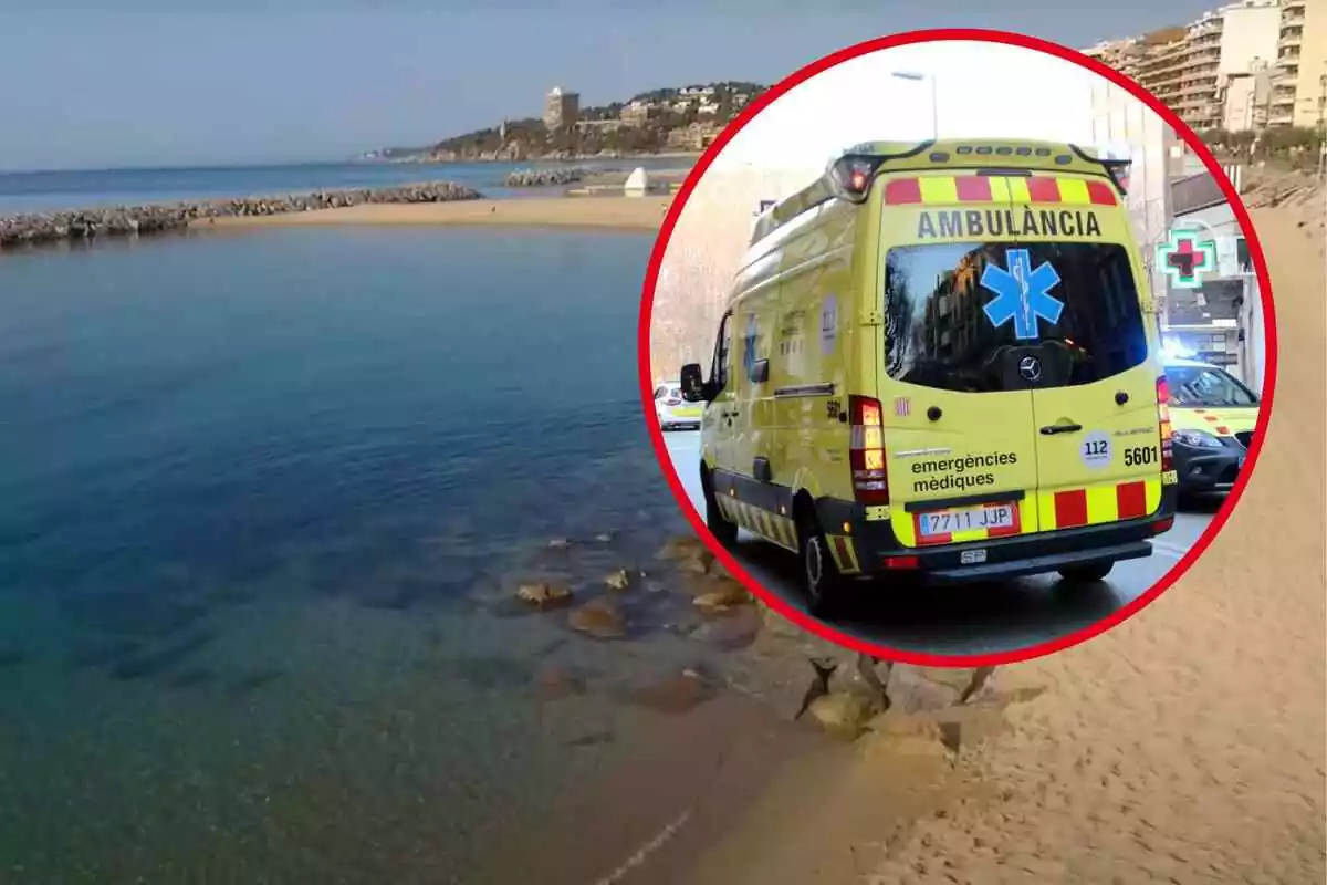 Fotomontaje con un fondo de una playa de Cataluña y al frente una redonda roja con una ambulancia del SEM
