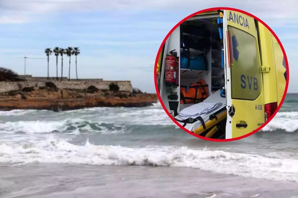 Fotomontaje con una imagen de fondo de una playa de fondo y al frente una redonda roja con una ambulancia