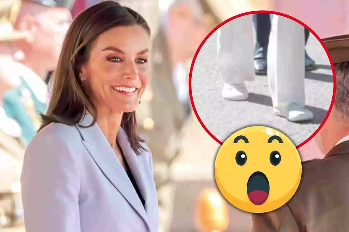 Fotomontaje con una imagen de fondo de la reina Letizia y una redonda roja al frente con los zapatos y un emoji sorprendido