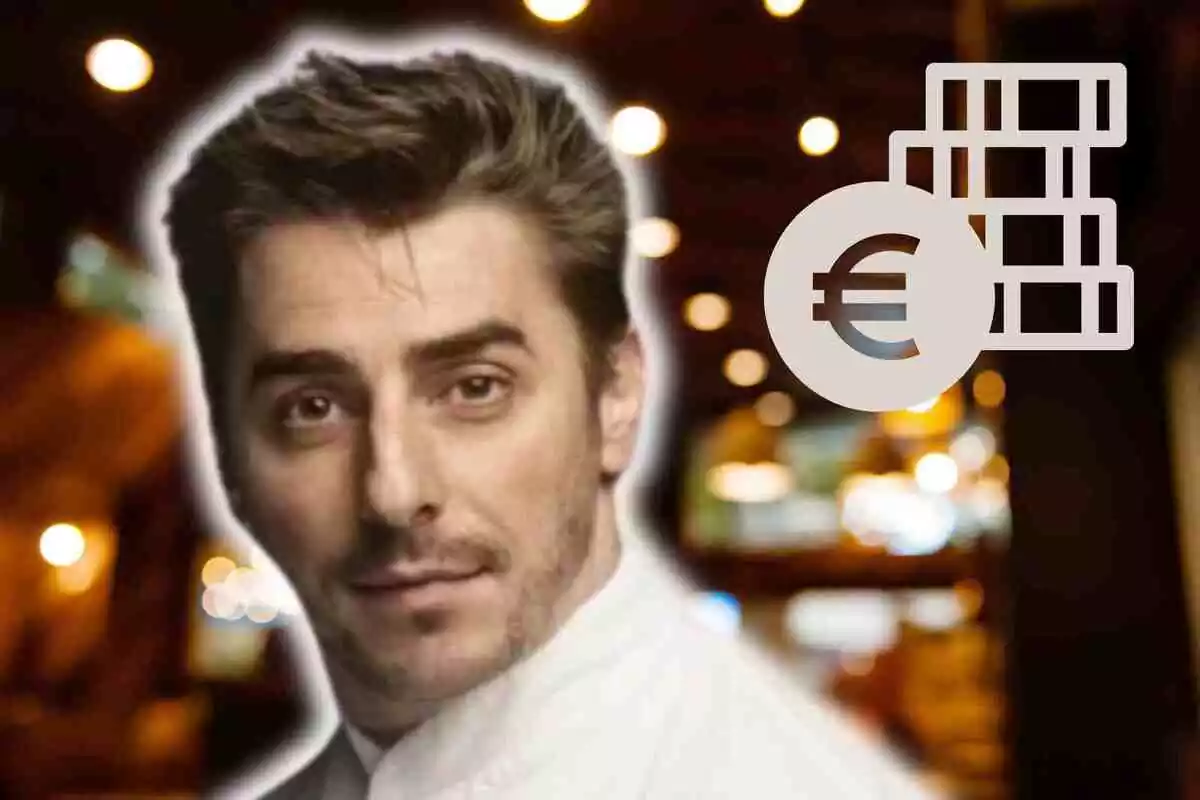 Fotomontaje con un fondo de un restaurante difuminado y al frente Jordi Roca y un dibujo de euros