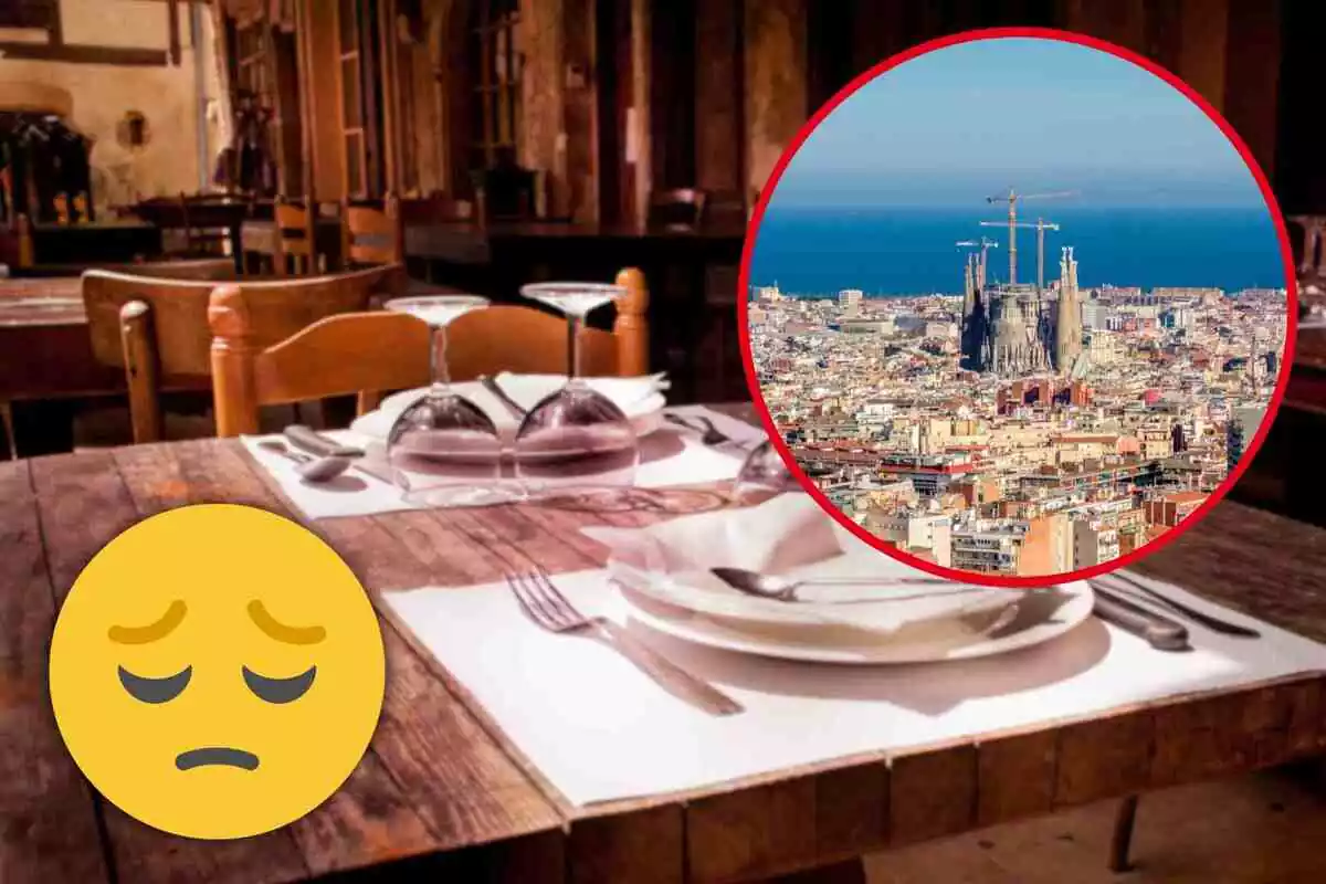 Fotomontaje con una imagen de fondo de una mesa de restaurante y al frente una redonda roja con la ciudad de Barcelona y un emoji triste