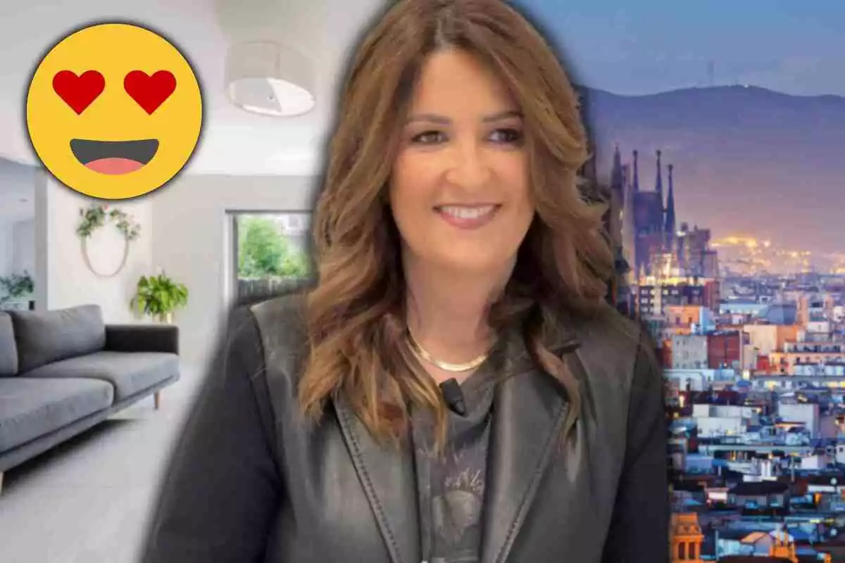 Fotomontaje con una imagen de fondo del salón de una casa y Barcelona, al frente Laura Fa sonriendo y un emoji con corazones en los ojos