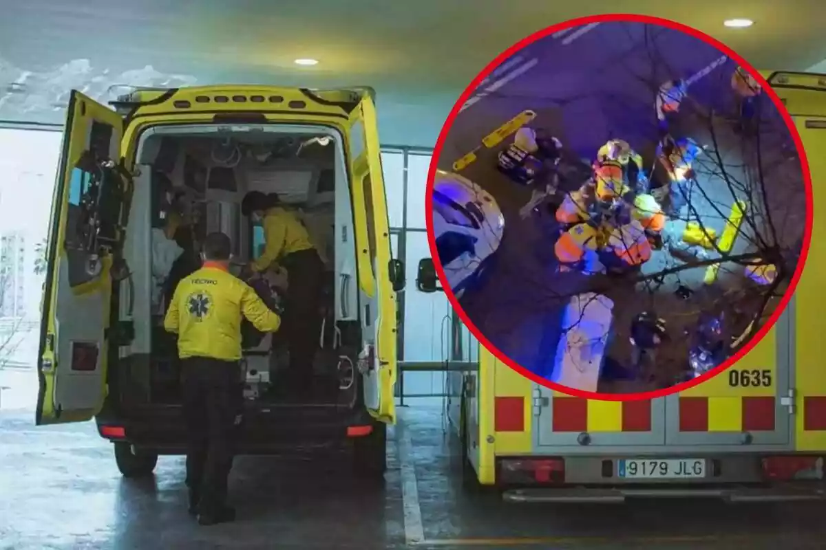 Fotomontaje con una imagen de fondo de una ambulancia del SEM y una redonda roja al frente con el momento del atropello de la chica en el centro de Barcelona