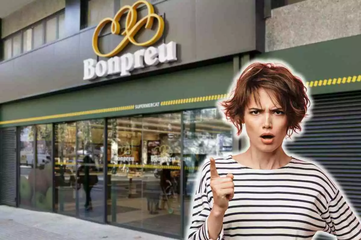 Fotomontaje con un fondo de un supermercado Bonpreu y al frente una mujer enfadada