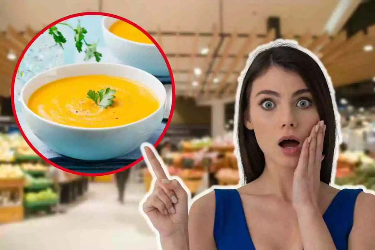 Una mujer sorprendida señala un plato de sopa en un supermercado.