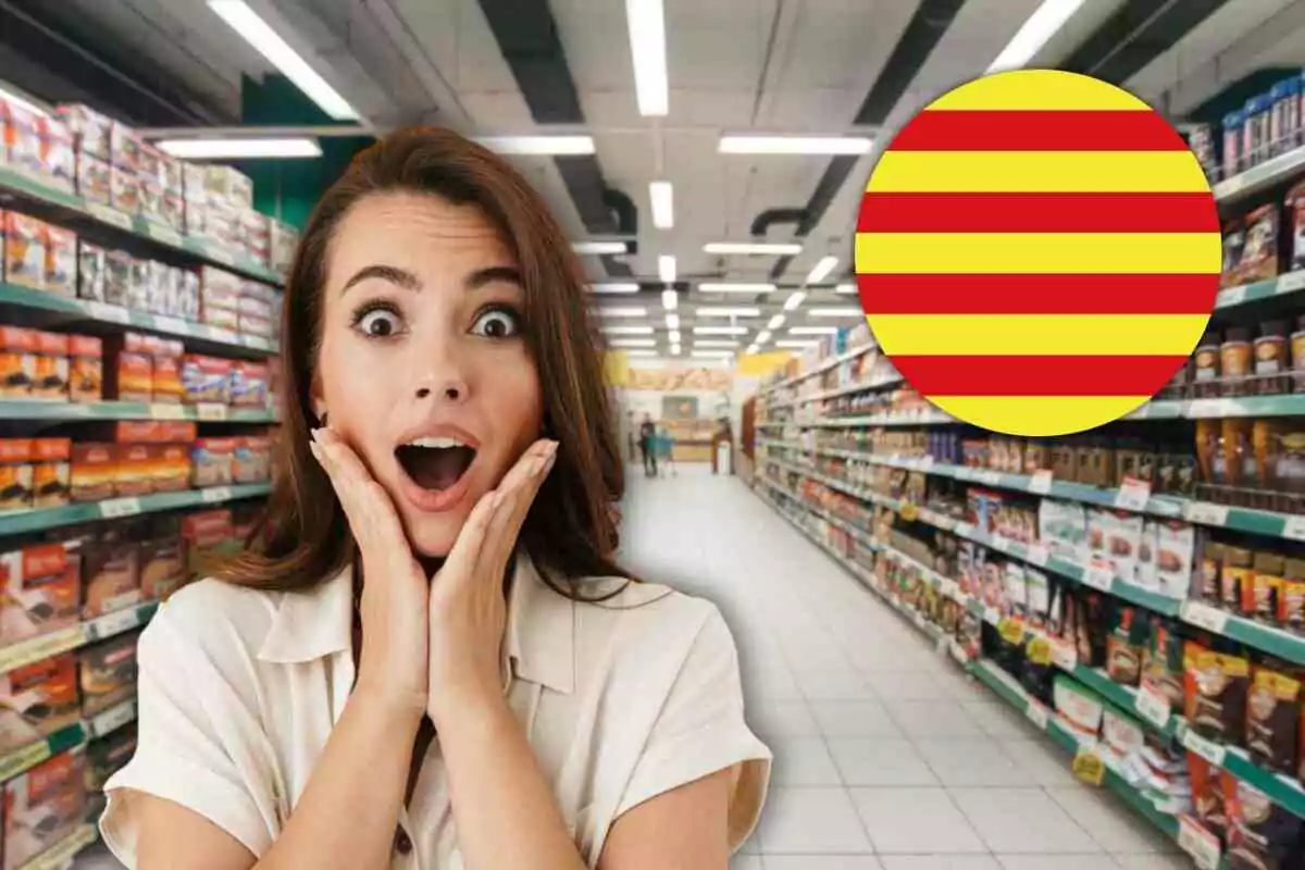 Mujer sorprendida en un supermercado con un círculo con la bandera de franjas amarillas y rojas de Cataluña.