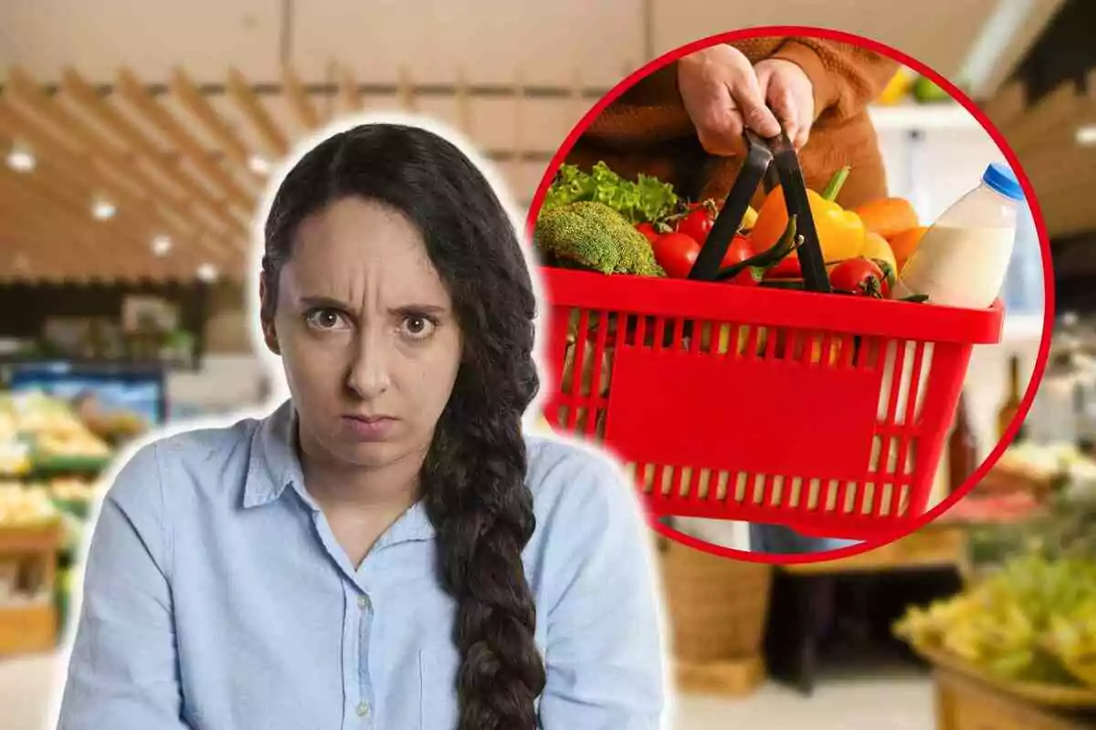 Fotomontaje con una imagen de fondo de un supermercado, al frente una cesta de la compra en una redonda roja y una mujer enfadada