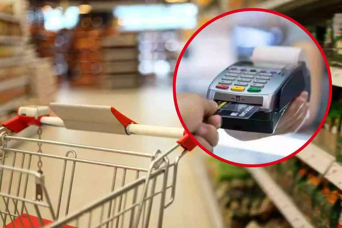 Fotomontaje con una imagen de fondo de un supermercado y al frente una redonda roja con un datáfono y una tarjeta