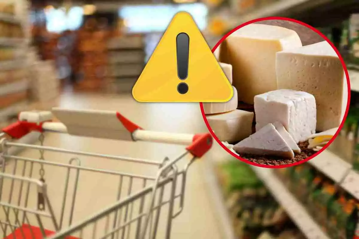 Un carrito de supermercado vacío en un pasillo con un símbolo de advertencia amarillo y un círculo que muestra varios tipos de queso.