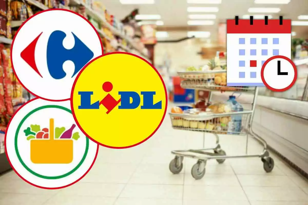 Logotipos de supermercados Lidl, Mercadona y Carrefour y un carrito de compras lleno en un pasillo de tienda con un calendario y un reloj.