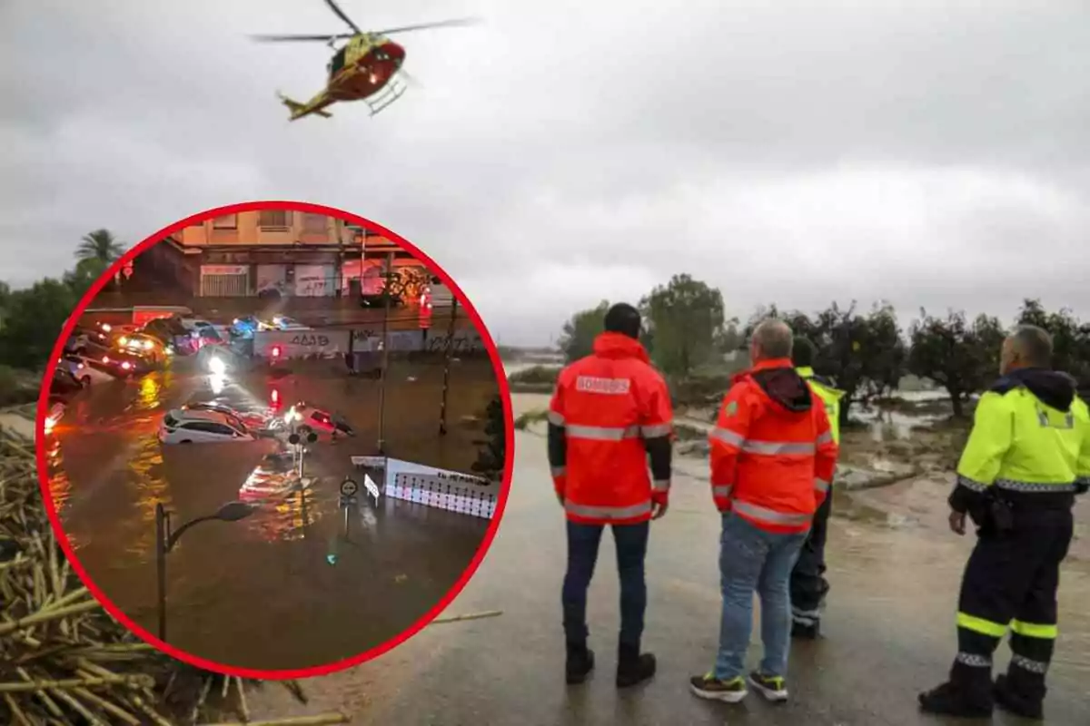 Un helicóptero sobrevuela una zona afectada por inundaciones mientras un grupo de personas con chaquetas de emergencia observa el área; en un recuadro se muestra una calle inundada con varios coches sumergidos en el agua en la Comunidad Valenciana.