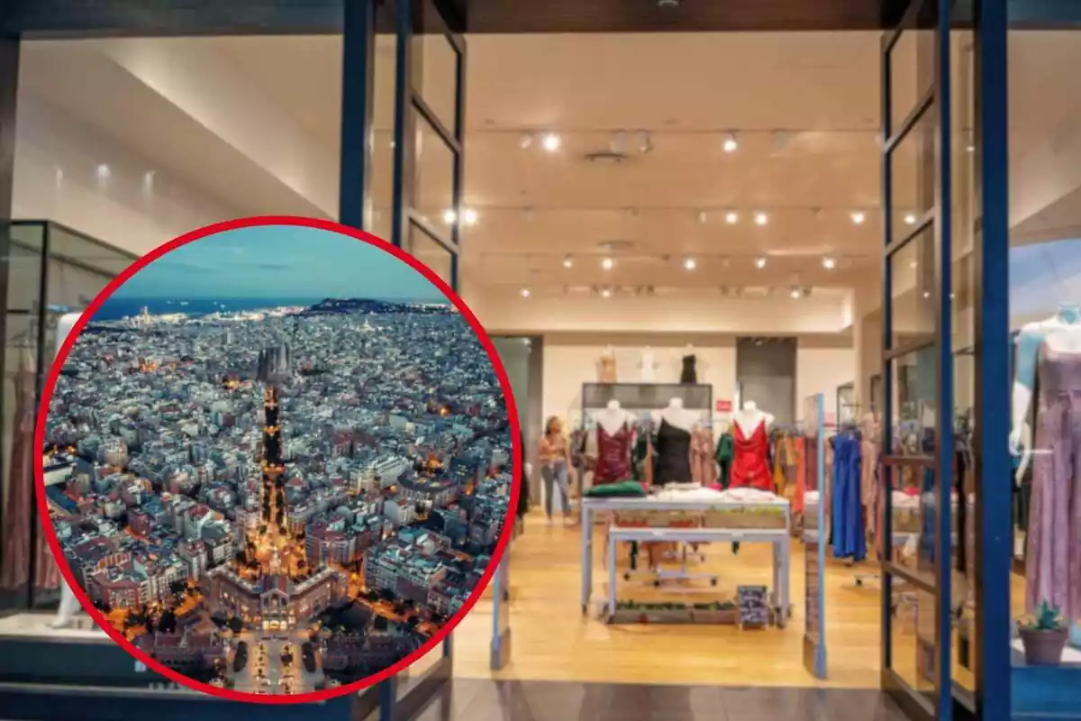 Fotomontaje con una imagen de fondo de una tienda de ropa y al frente una redonda roja con la vista de Barcelona